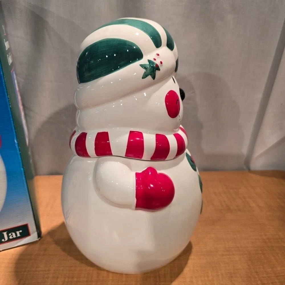 Snowman Ceramic Cookie Jar‎ Green Red Striped Hat & Scarf Original Box Christmas